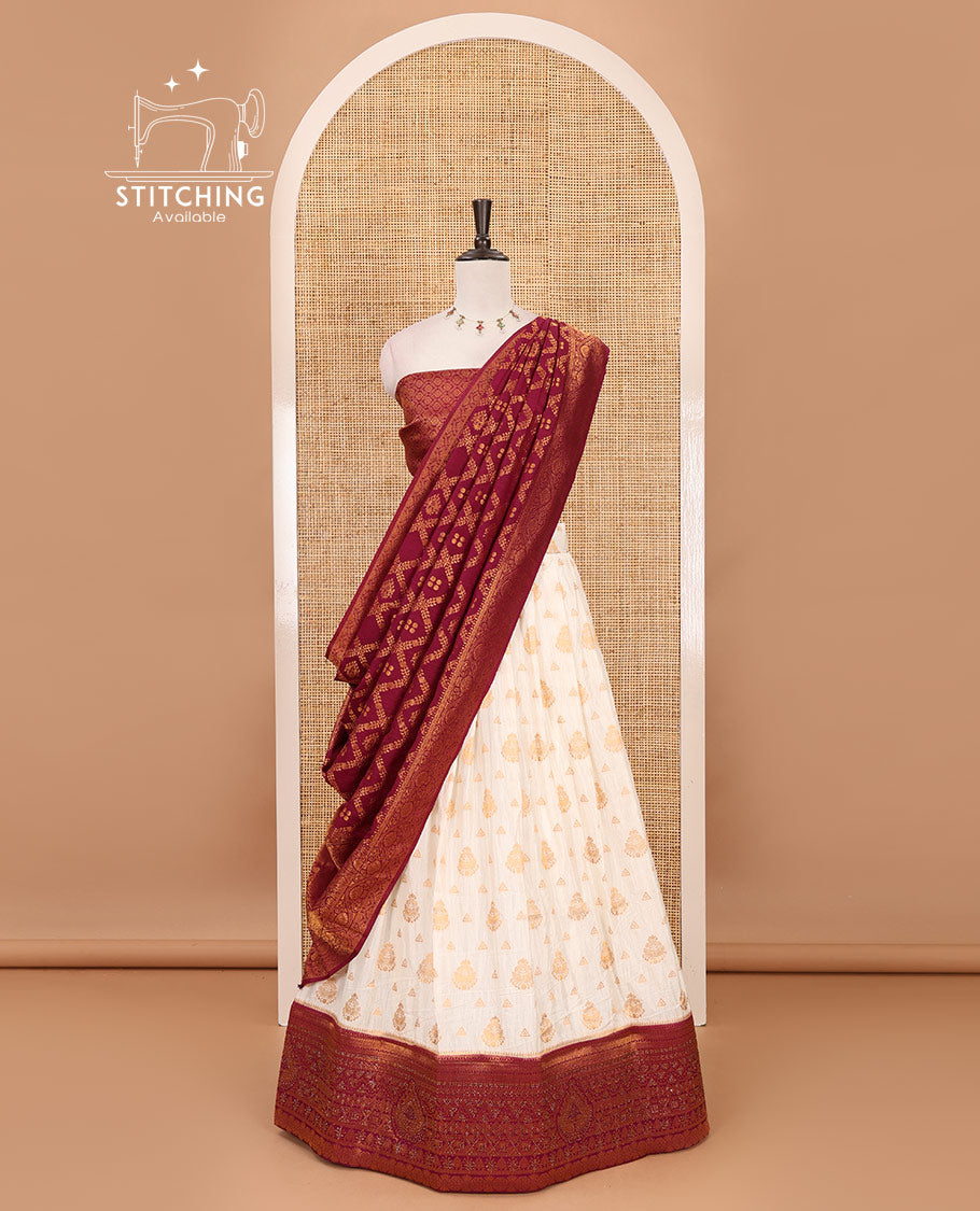 Cream georgette crepe halfsaree,zari buttas & traditional Swarovski stonework purple border skirt, jacquard blouse & banarasi jacquard dhavani