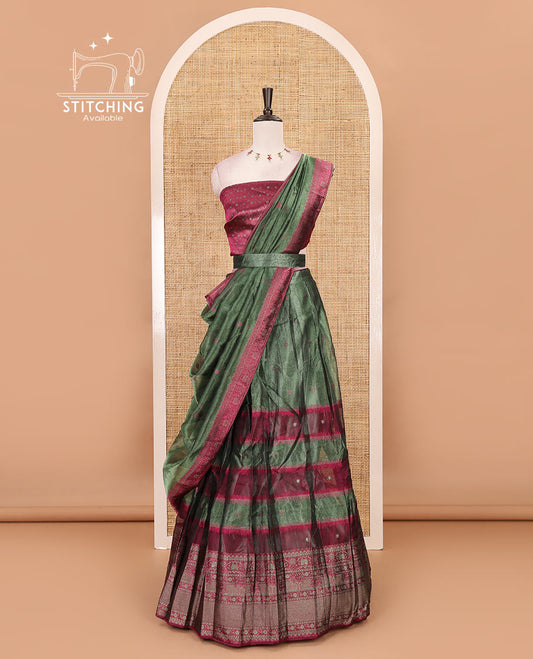 Green-wine organza half-saree, resham thread buttas & traditional motifs skirt, brocade banarasi blouse & intricate dhavani