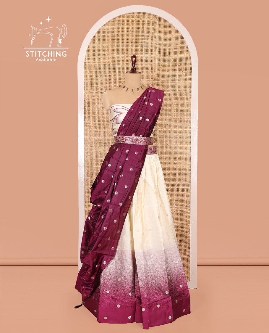 Cream-Dark Purple Semi-Silk Half-Saree Features Flower Buttas Skirt, Contrast Border, Matching Blouse, Contrast Dhavani