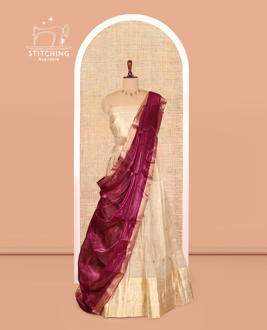 Chikku-Magenta Banaras Kota Half-Saree, Zari Buttas Skirt, Traditional Border, Matching Blouse, Contrast Organza Sequins Dhavani