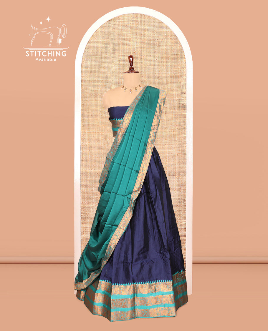 Navy Blue Semi-Banarasi Half-Saree Features Plain Skirt, Contrast Floral Creeper Zari Border, Matching Blouse, Contrast Dhavani