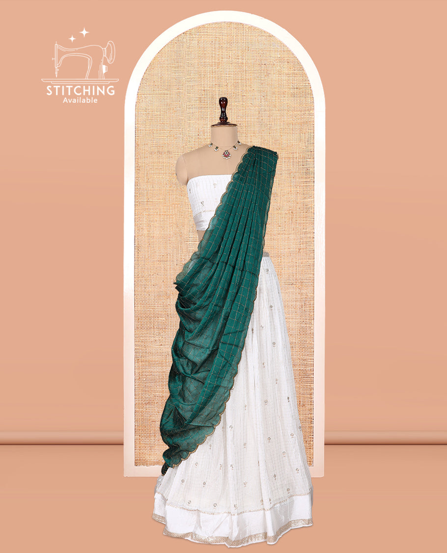 Cream-Green Viscose Georgette Half-saree, Buttas Skirt, Matching Blouse, Contrast Checked Dhavani