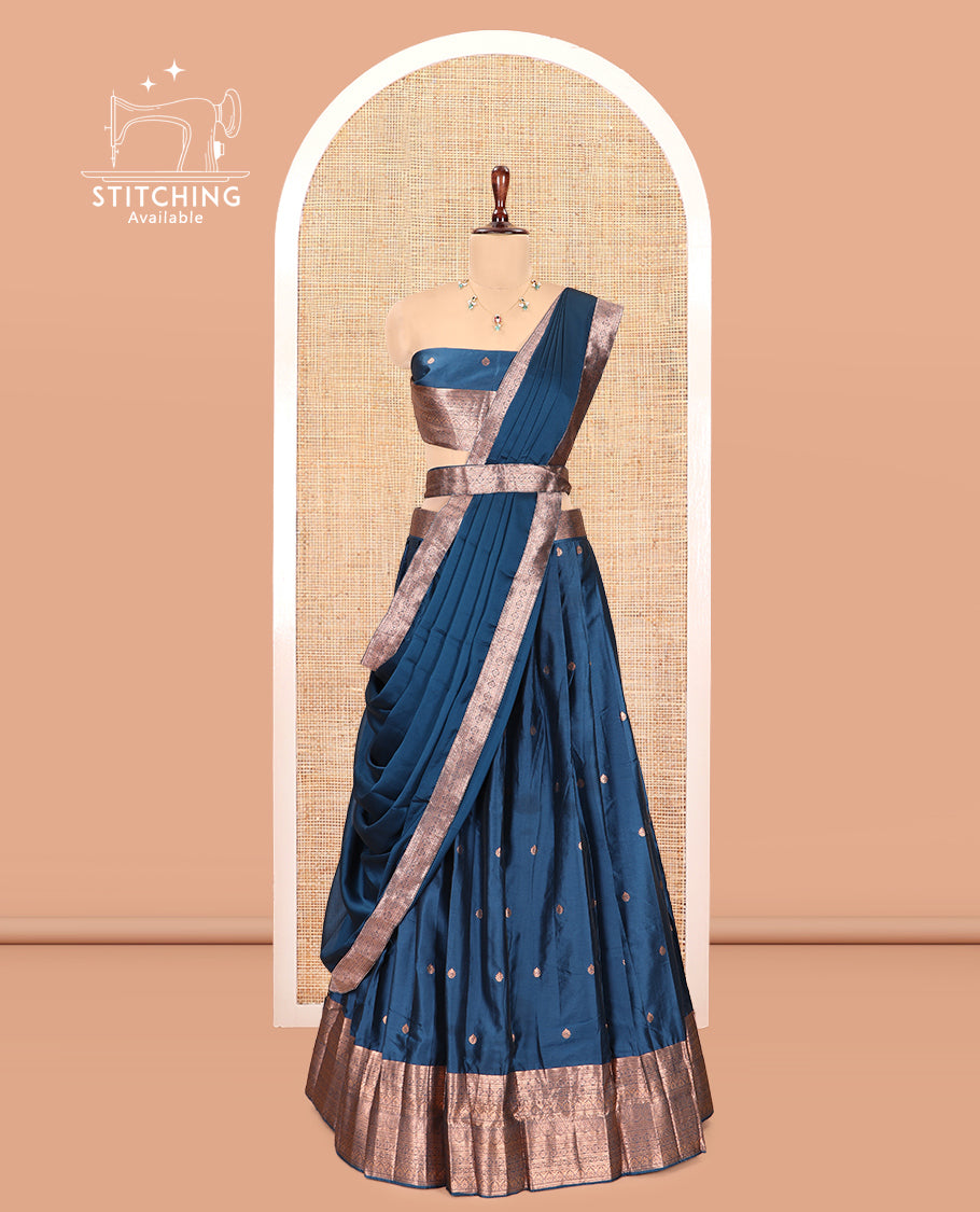 Peacock Blue Semi-Silk Half-Saree, Detailed with Zari Buttas Skirt, a Matching Blouse, and a Zari Design Dhavani