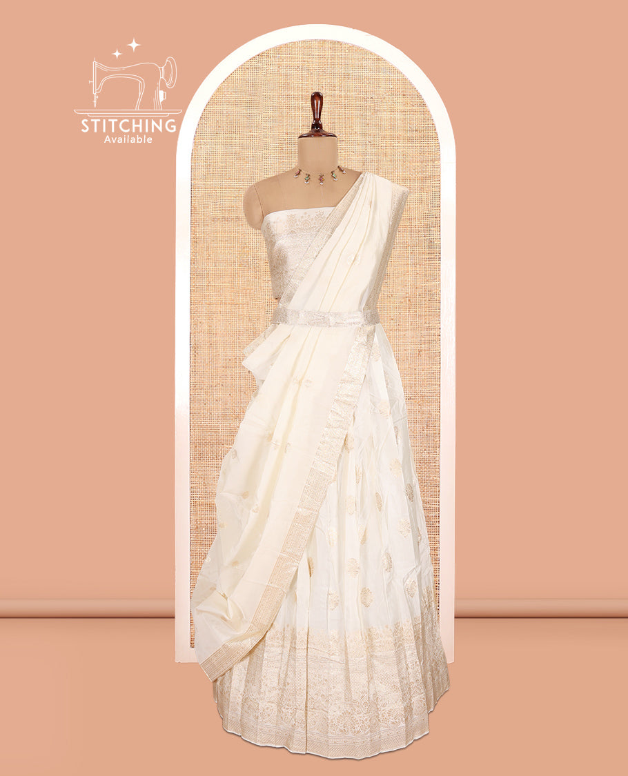 Cream Semi-Silk Half-Saree, Zari Buttas Skirt, Traditional Border, Matching Blouse, Dhavani