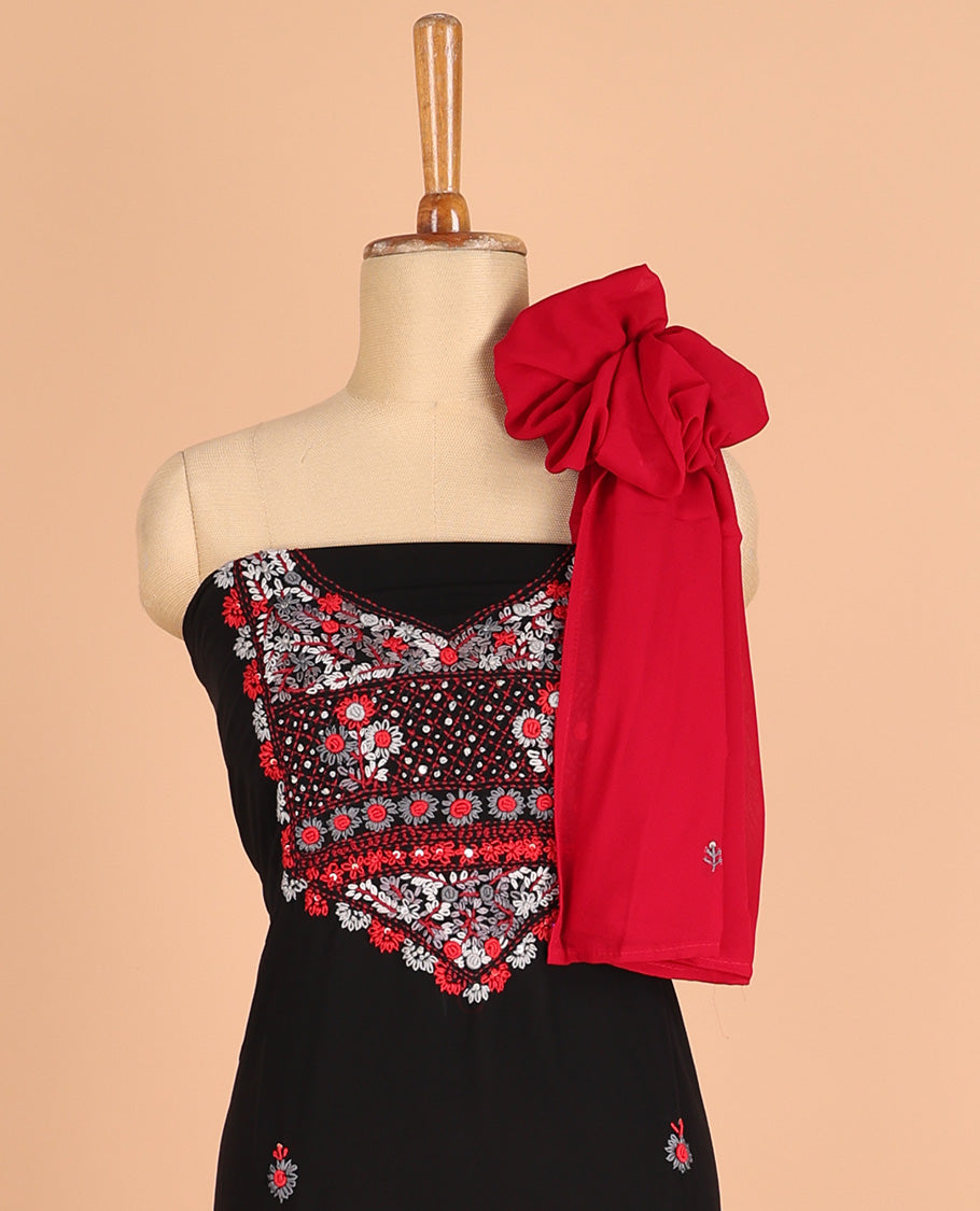 Black chudidhar material challa flower print georgette top with santoon material pants & challa work dupatta