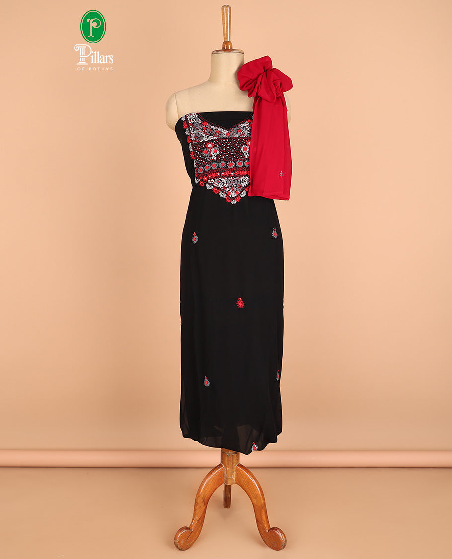 Black chudidhar material challa flower print georgette top with santoon material pants & challa work dupatta