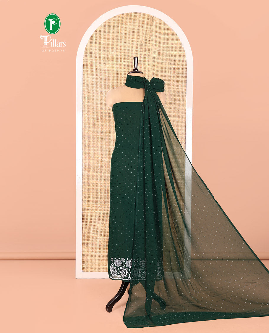 Green Fox Georgette Material Chudidar Set, Gleamed up with Stone Floral Embroidery On Its Top, A Plain Santoon Bottom and Paired with a Matching Stone Work Fox Georgette Dupatta