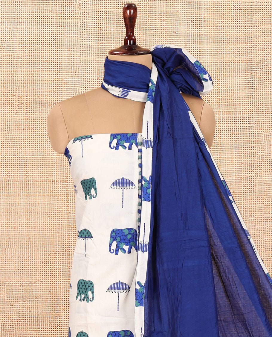 Cream-Blue Material Chudidar Features an Elephant-Umbrella Printed Top, a Contrast Bottom, Contrast Bordered Dupatta
