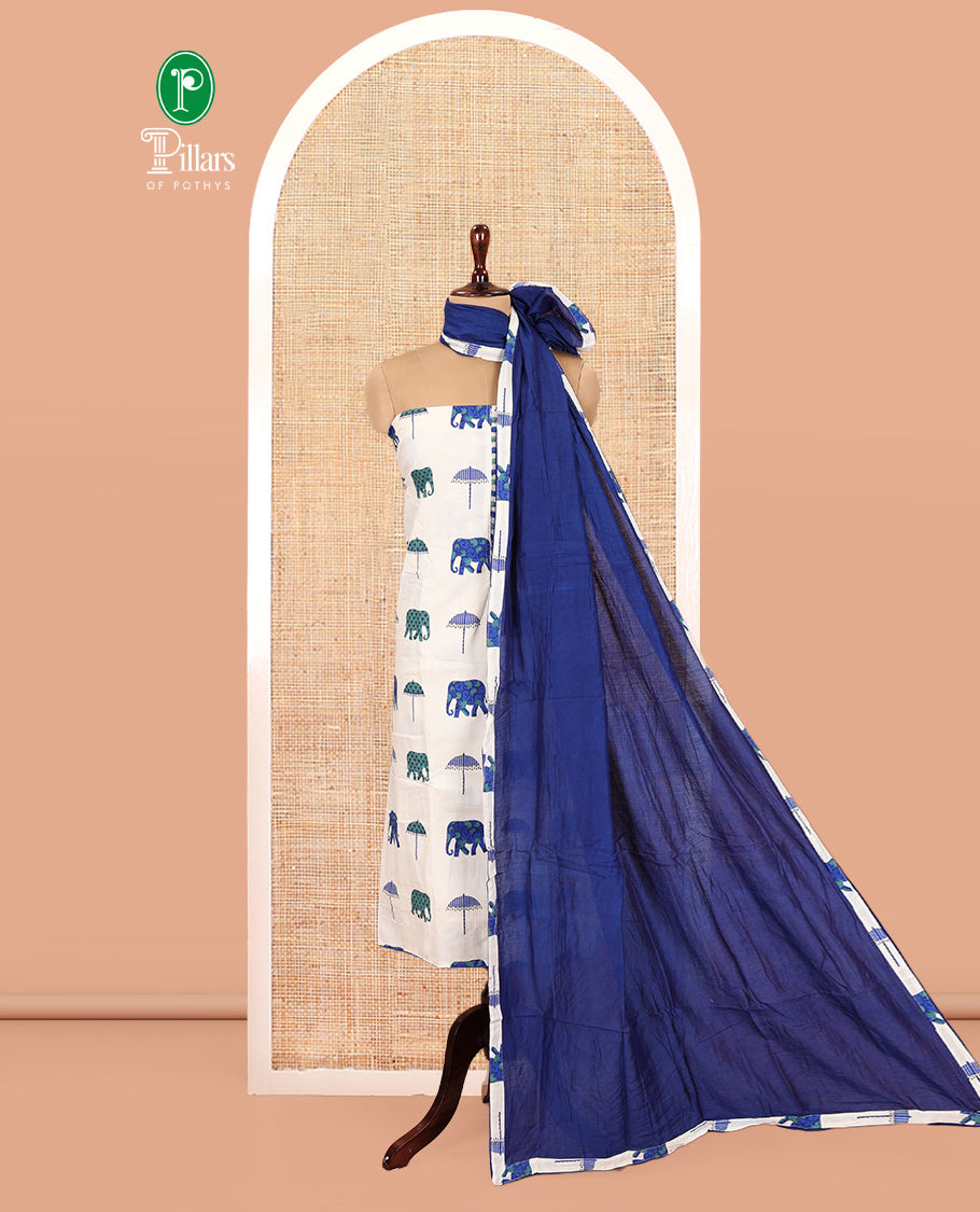 Cream-Blue Material Chudidar Features an Elephant-Umbrella Printed Top, a Contrast Bottom, Contrast Bordered Dupatta