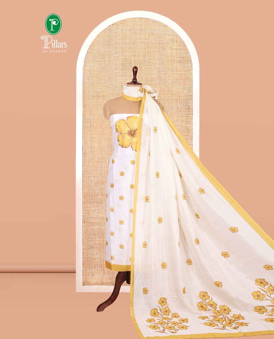 Cream-Mustard Semi-Silk Material Chudidar, Floral Printed Top, Matching Bottom, Floral Printed Dupatta