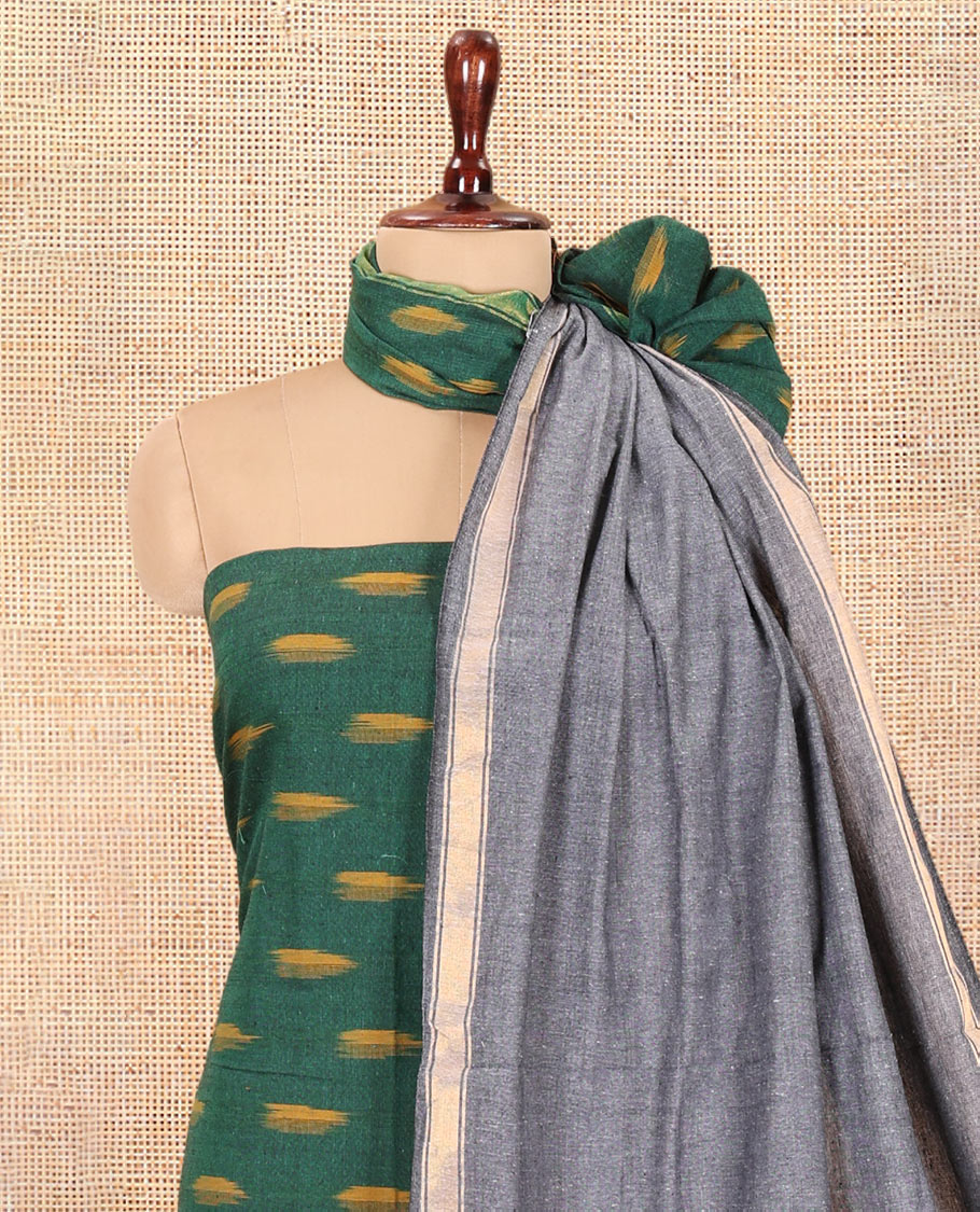 Green-Grey Pure Cotton Saree Material Chudidar Ikat Buttas Top, a Contrast Bottom, and Ikat Buttas Dupatta