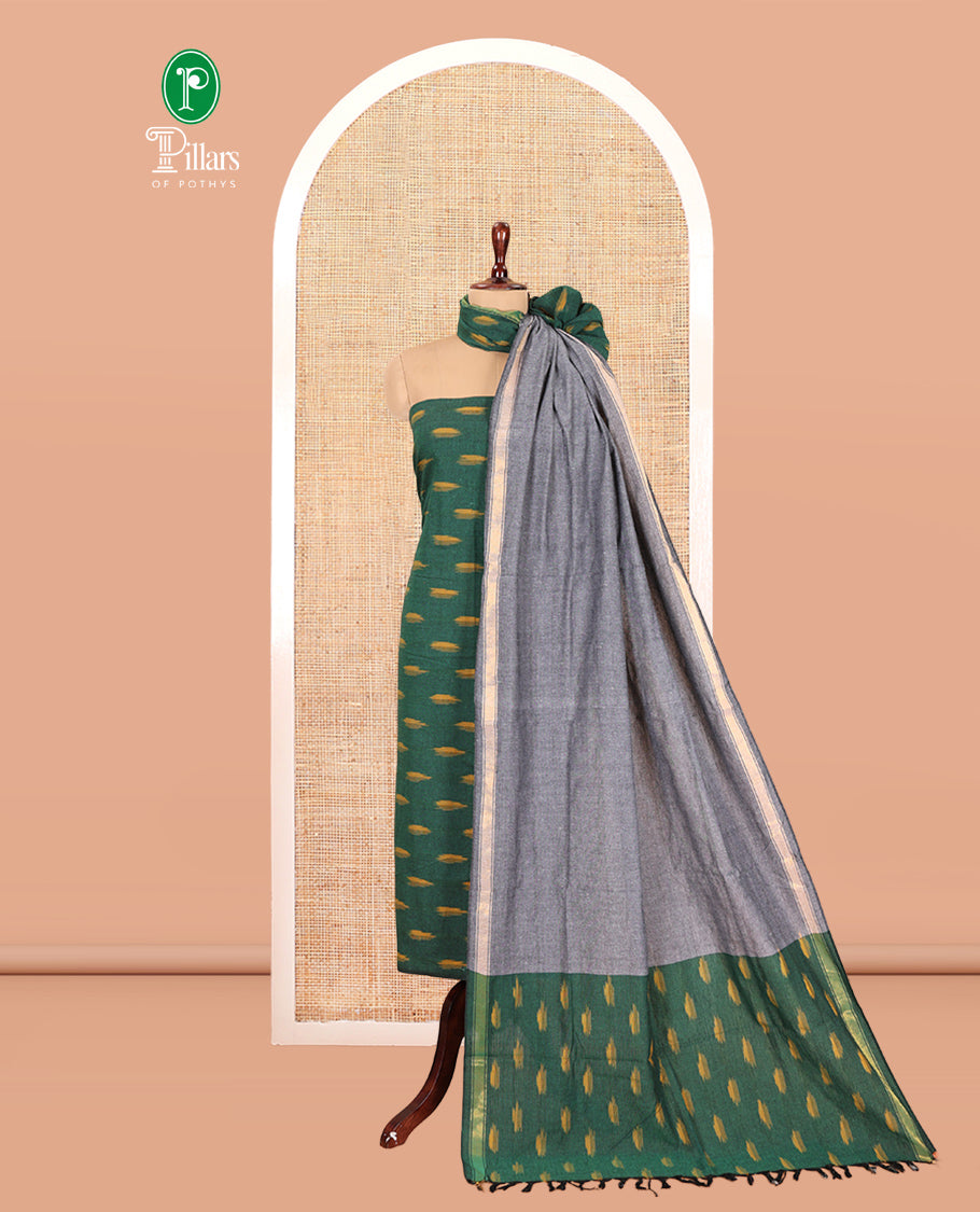 Green-Grey Pure Cotton Saree Material Chudidar Ikat Buttas Top, a Contrast Bottom, and Ikat Buttas Dupatta
