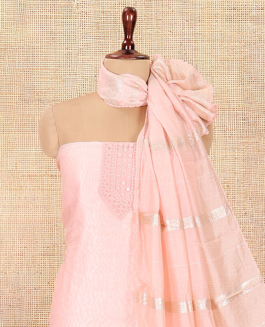Peach Mul Chanderi Material Chudiddar, Embroidered Top, Plain Bottom, Zari Striped Dupatta
