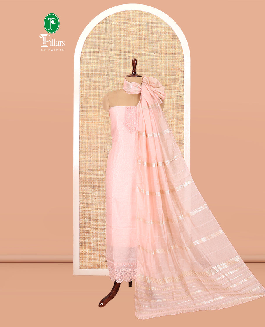 Peach Mul Chanderi Material Chudiddar, Embroidered Top, Plain Bottom, Zari Striped Dupatta