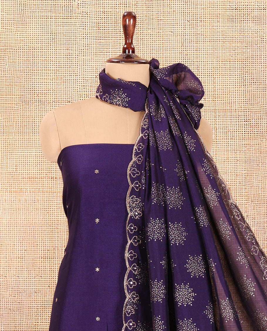 Violet Semi-Silk Material Churidar Set, Floral Embroidered Top, a Matching Bottom, and a Scallop Foil Printed Dupatta