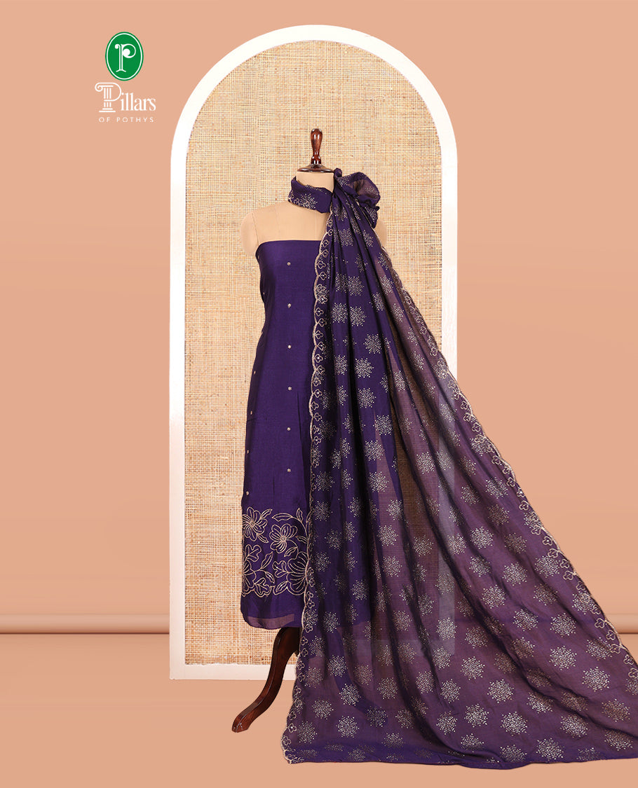 Violet Semi-Silk Material Churidar Set, Floral Embroidered Top, a Matching Bottom, and a Scallop Foil Printed Dupatta