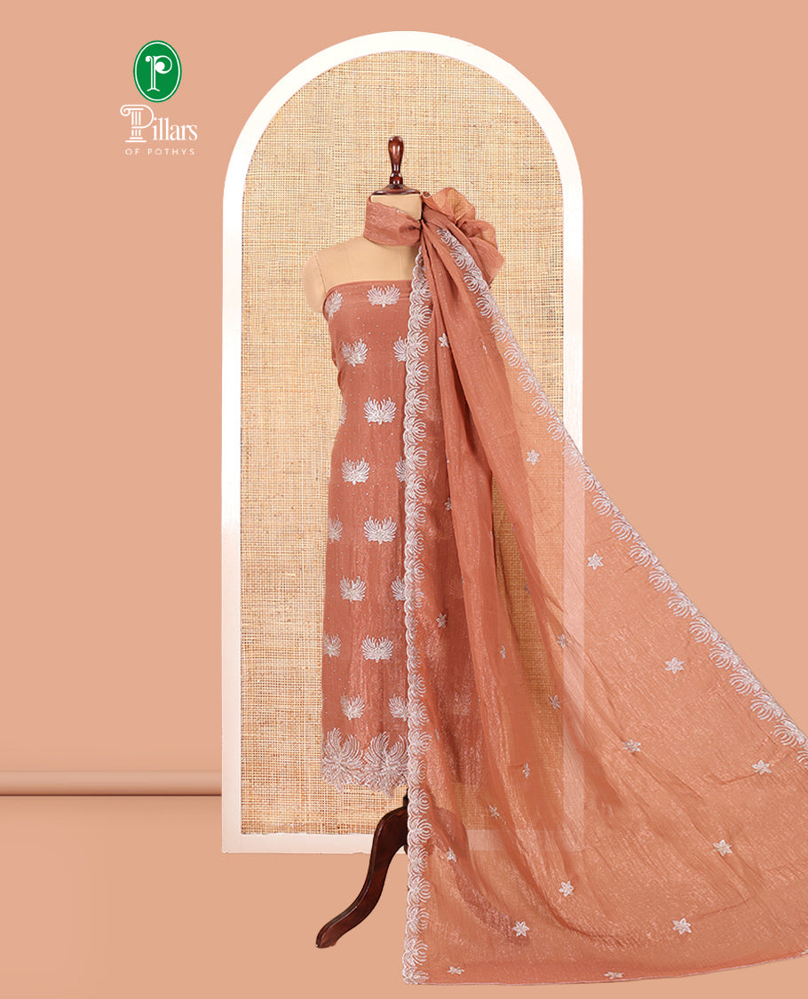 Light Brown Crunchy Chiffon Material Churidar Features Thread Embroidered-Stone Work Top, Plain Bottom, Embroidered Dupatta