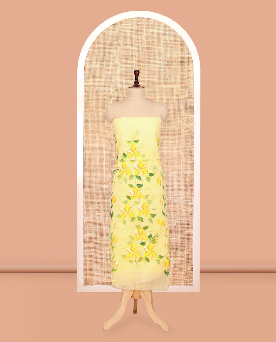 Yellow Net Kota Material Churidar, Adorned with Hand-Brush Painting Floral Printed Top, a Plain Bottom, and Hand-Brush Floral Printed Dupatta