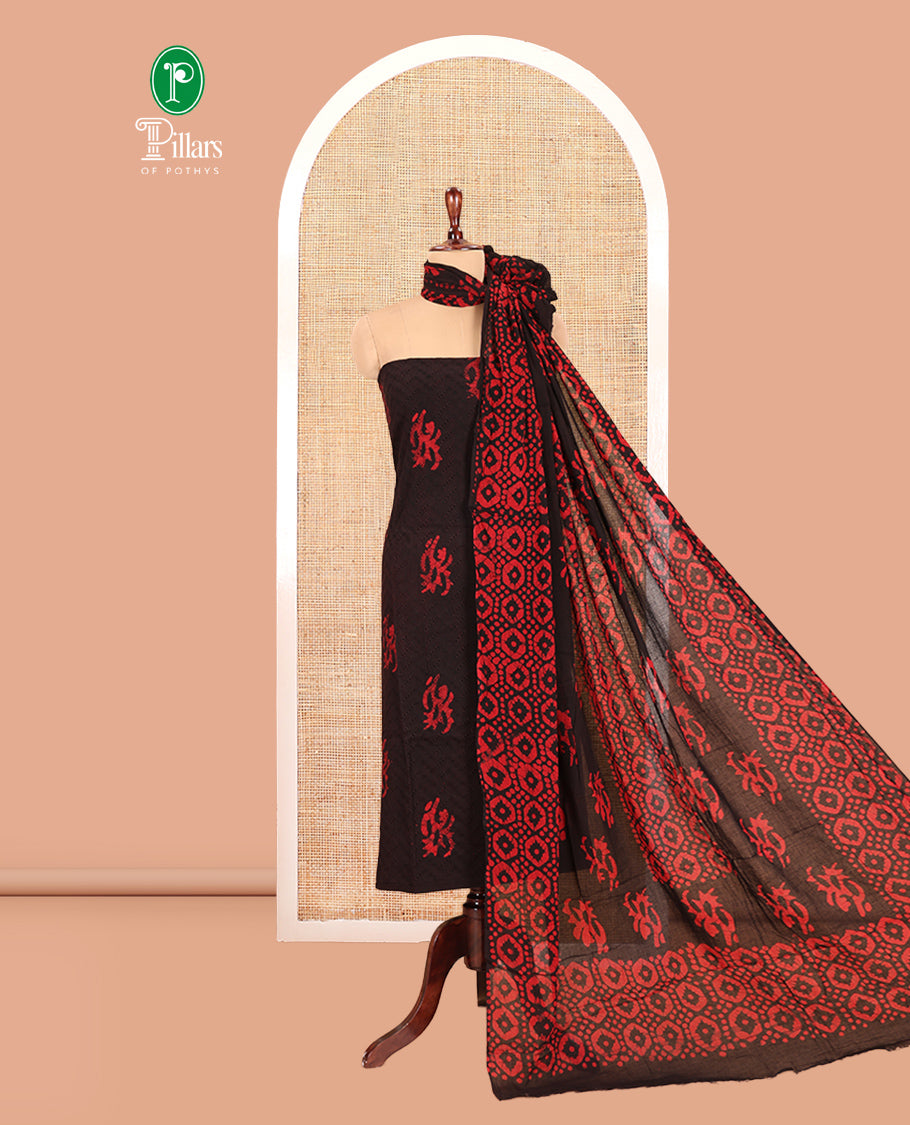 Black Cotton Material Chudidar, Batik Printed Hakoba Work Top, Contrast Bottom, Batik Printed Dupatta