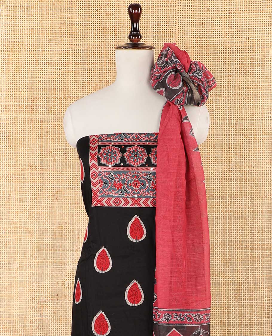 Black with rani pink ajrak print , french knot hand work satin cotton chudidhar material top with cotton pant & ajrak two side lace border dupatta
