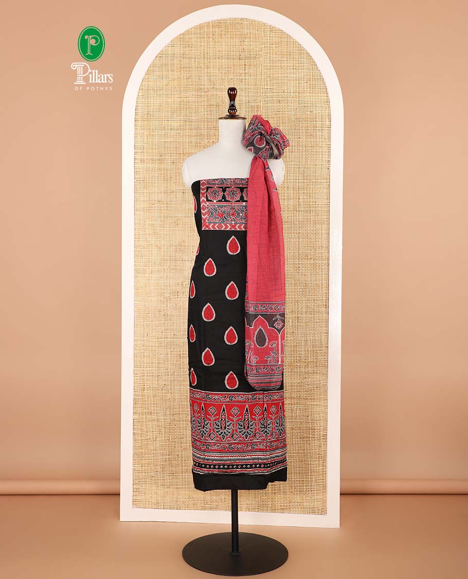 Black with rani pink ajrak print , french knot hand work satin cotton chudidhar material top with cotton pant & ajrak two side lace border dupatta