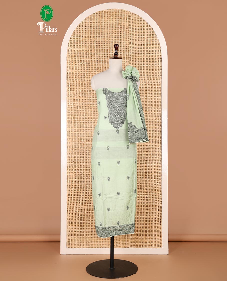 Pista green warp weaving, butta design modal chanderi chudidhar material top with cotton material pant & warp weaving, butta design dupatta