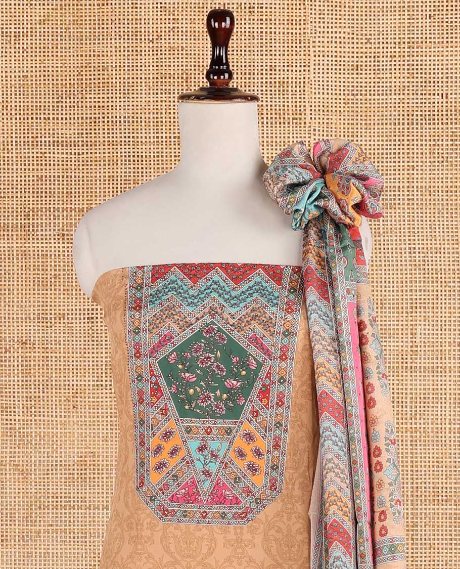 chikku color negative print, geometric design, swarovski work crepe chudidhar material top with american crepe pant & chinnon material geometric print, swarovski work dupatta
