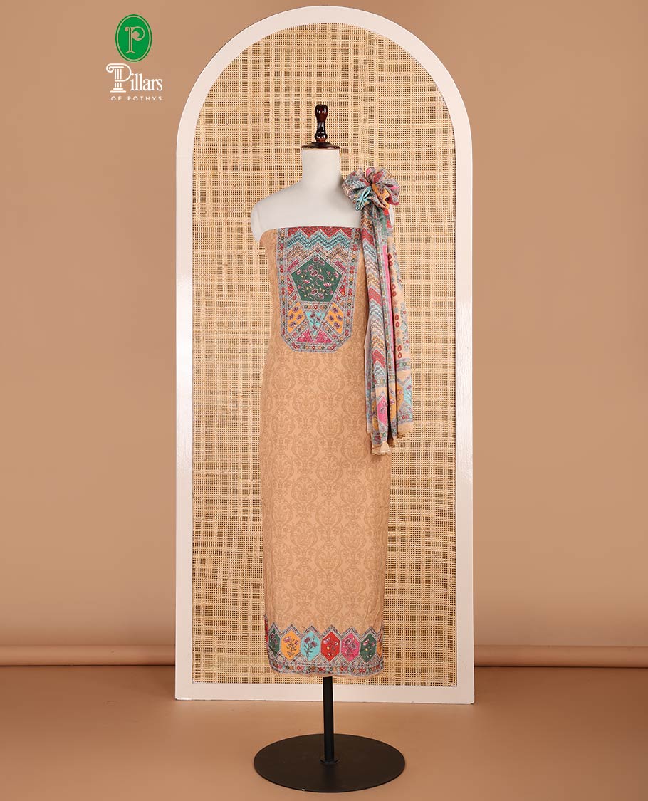 chikku color negative print, geometric design, swarovski work crepe chudidhar material top with american crepe pant & chinnon material geometric print, swarovski work dupatta