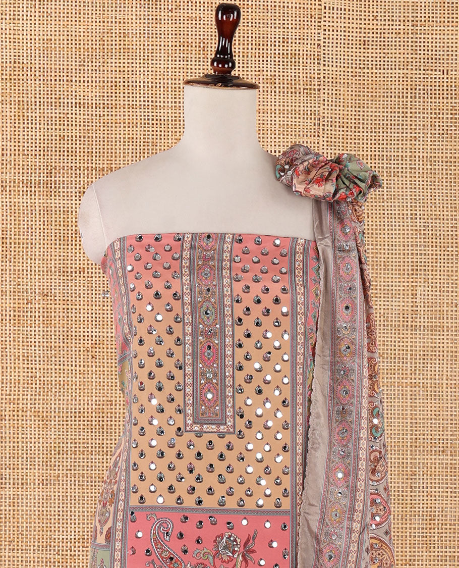 Onion pink material chudidar set, intricate print & real mirrorwork crepe masakali top,plain bottom & intricate print & mirrorwork Chinon dupatta