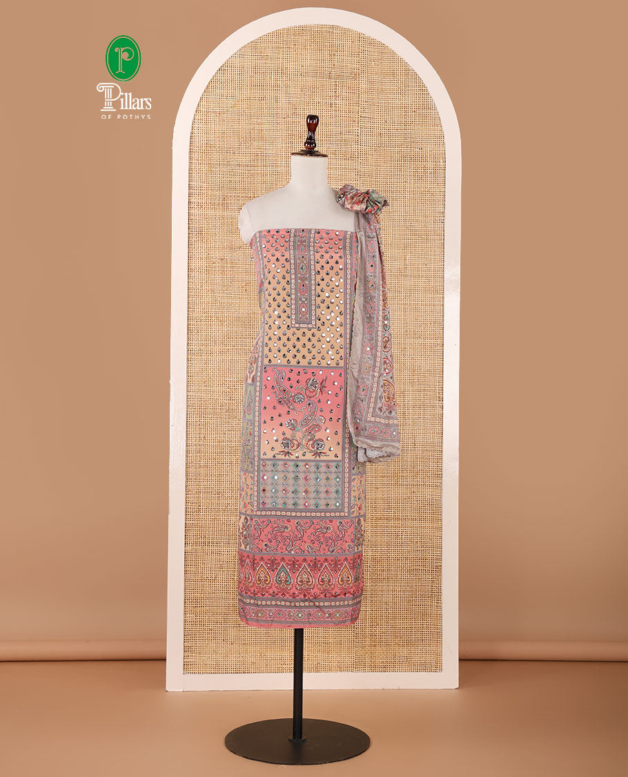Onion pink material chudidar set, intricate print & real mirrorwork crepe masakali top,plain bottom & intricate print & mirrorwork Chinon dupatta