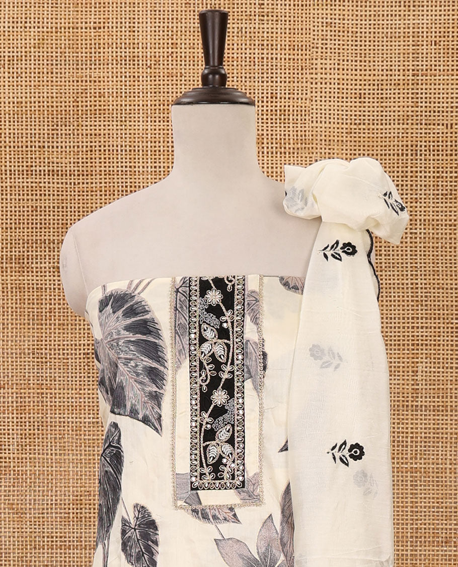 Cream material chudidar set, floral print & neck patch embroidery cotton top, plain bottom & floral motifs mul chanderi dupatta