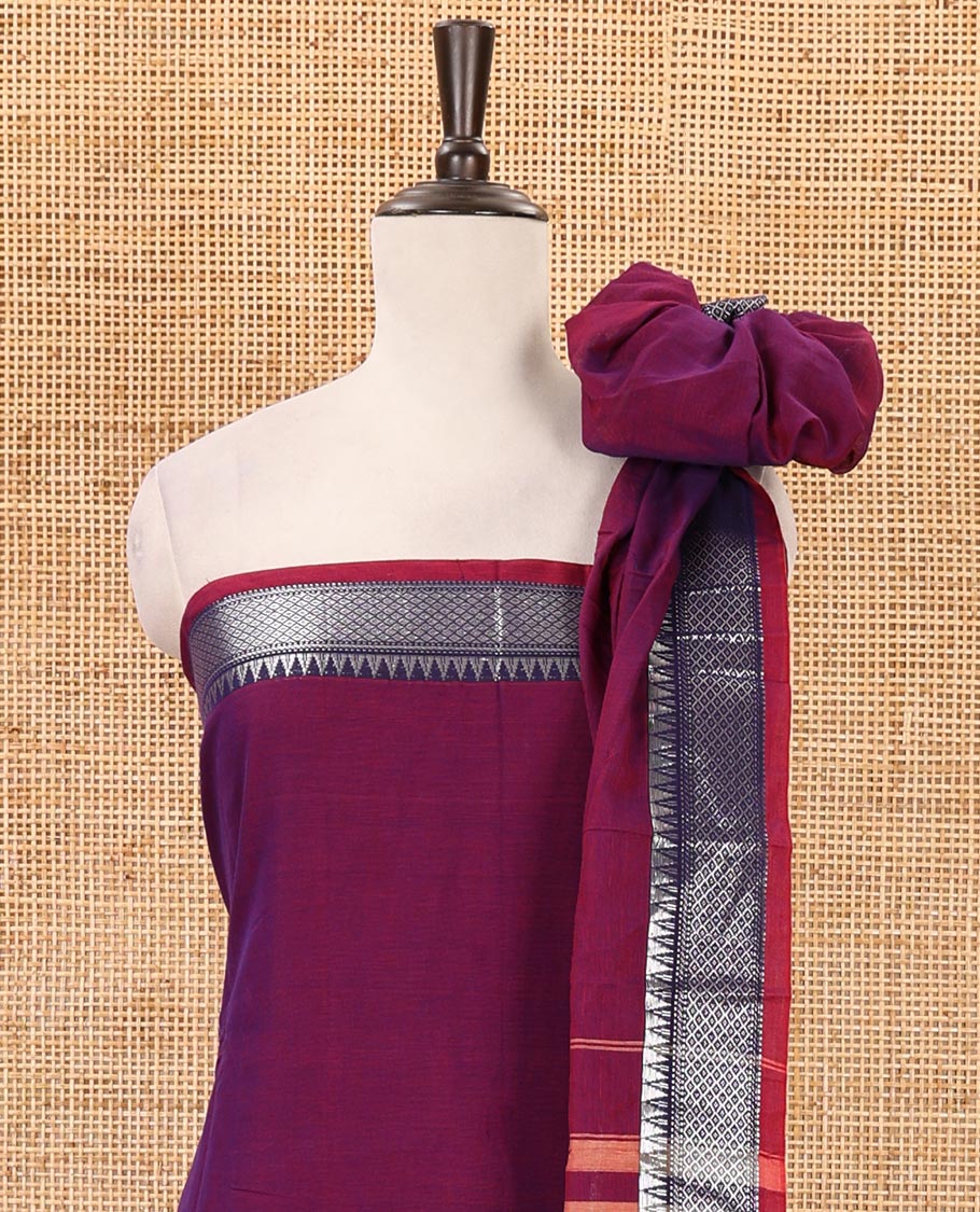 Magenta material chudidar set,traditional zari border mercerized cotton top, matching mercerized cotton bottom, & traditional border dupatta