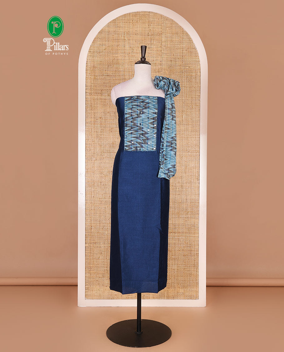Blue Vertican silk material chudidar set, ikkat chevron striped with mirror neck embroidered top, santoon bottom, and contrast chevron striped dupatta