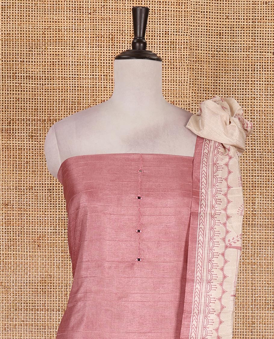 Light peach material churidar set, warli tribe village theme print with mirror work semi-tussar top, plain bottom, and warli tribe village theme print semi-tussar dupatta