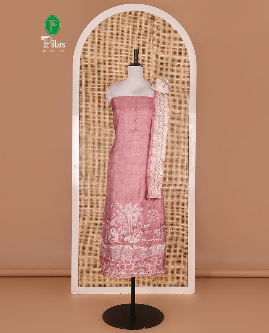 Light peach material churidar set, warli tribe village theme print with mirror work semi-tussar top, plain bottom, and warli tribe village theme print semi-tussar dupatta