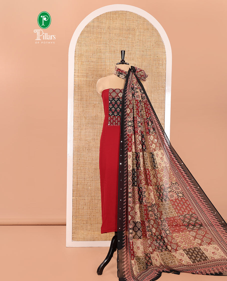 Red Material Chudidhar Set, Decked Up with Ajrakh-Style Print and Mirror Work Fox Georgette Top, Santoon Plain Bottom, and Georgette Dupatta of Ajrakh Print and Mirror Work