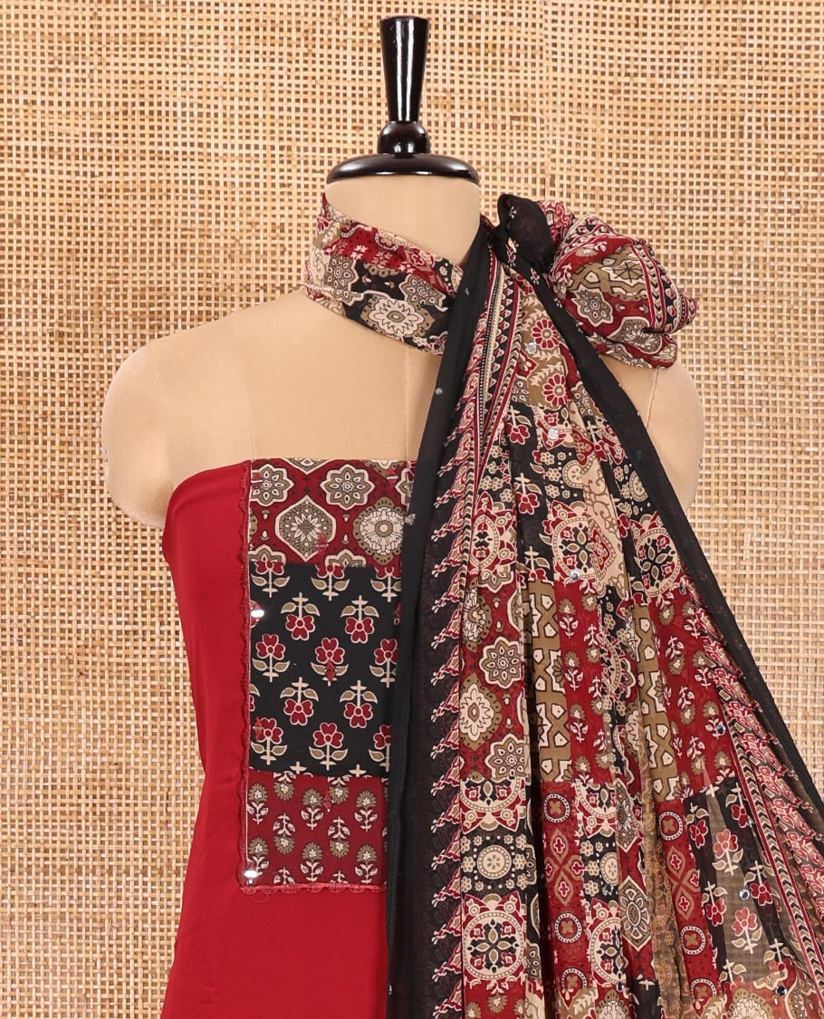 Red Material Chudidhar Set, Decked Up with Ajrakh-Style Print and Mirror Work Fox Georgette Top, Santoon Plain Bottom, and Georgette Dupatta of Ajrakh Print and Mirror Work