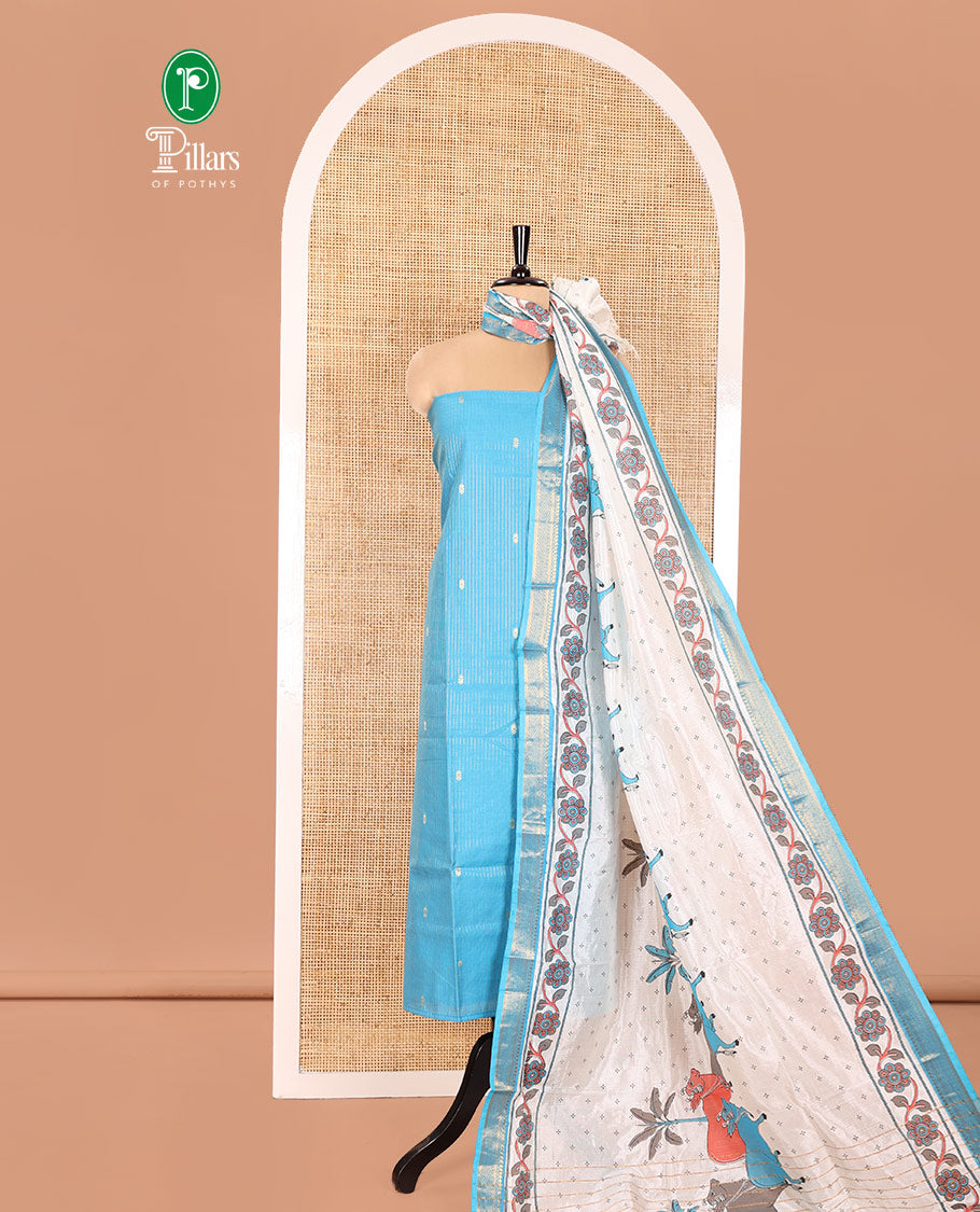 Blue Material Chudidhar Set, Delicately Woven with Dotted Stripes and Buttas on Its Semi-Silk Top, Plain Cotton Bottom, and Semi-Silk Dupatta Illustrating Pichwai Cow and Floral Print