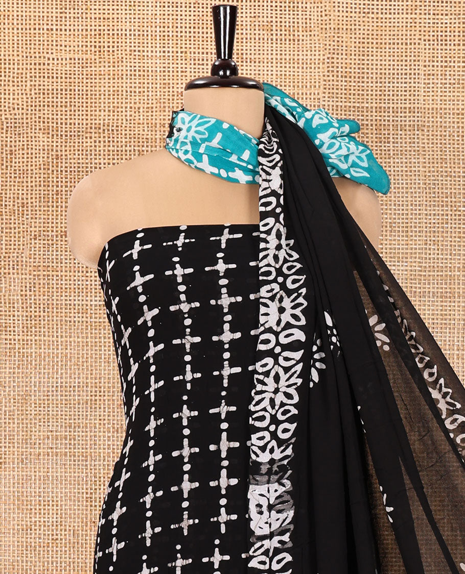 Black and Rama Material Chudidhar Set, Subtly Sparkled with Batik-Style Printed Viscose Georgette Top, Rayon Batik Printed Bottom, and Viscose Georgette Dupatta of Batik Print
