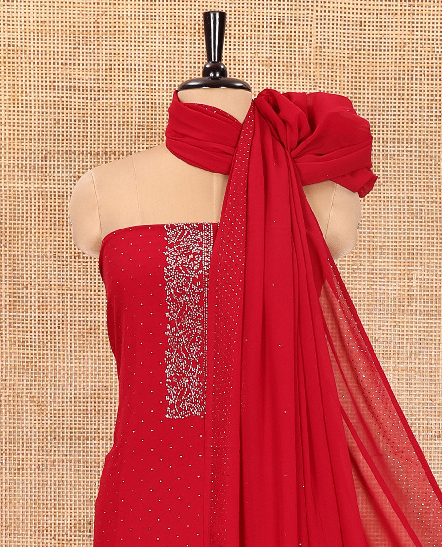 Red Material Churidar Set, Dazzled with Micro-Stone Work on Fox Georgette Top, Comes with a Plain Santoon Bottom, and Is Paired with a Fox Georgette Micro-Stone Work Dupatta