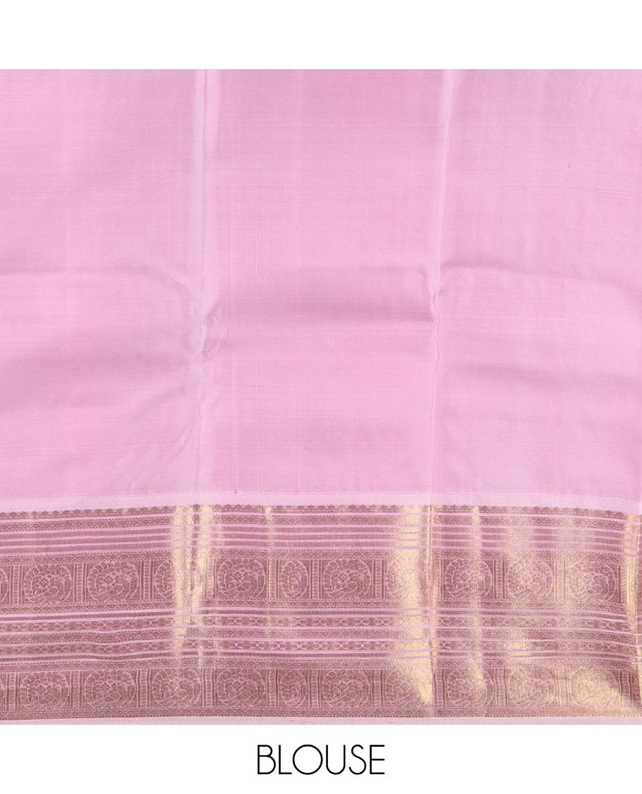 Pink mayil buttas Vasundhara silk saree, zari border of muthu, diamond, mayil kann, kamalam, and mayil designs, and intricate pallu