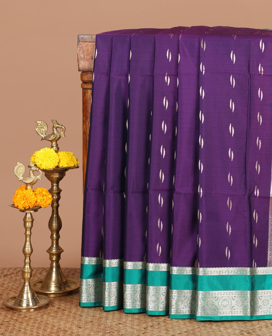 Violet zari butta semi soft silk saree with rettai pettu, diamond border grand pallu along with plain blouse
