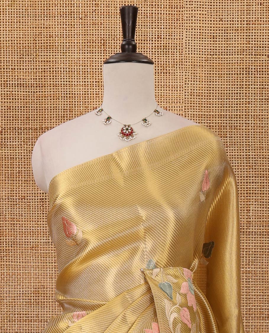 Gold floral embroidery celebrity tissue saree, floral vine multi-color thread embroidered border & embroidery pallu