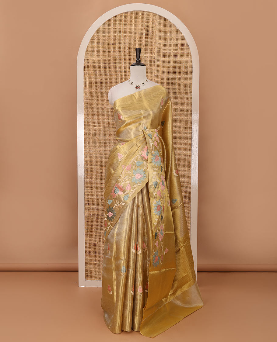 Gold floral embroidery celebrity tissue saree, floral vine multi-color thread embroidered border & embroidery pallu