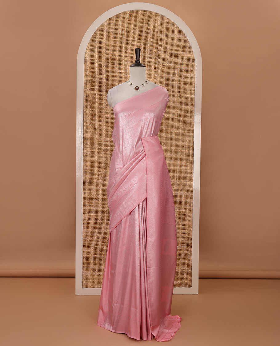 Peach pink mango-design jamdani zari body softy saree, self-traditional zari border, rich pallu & matching blouse