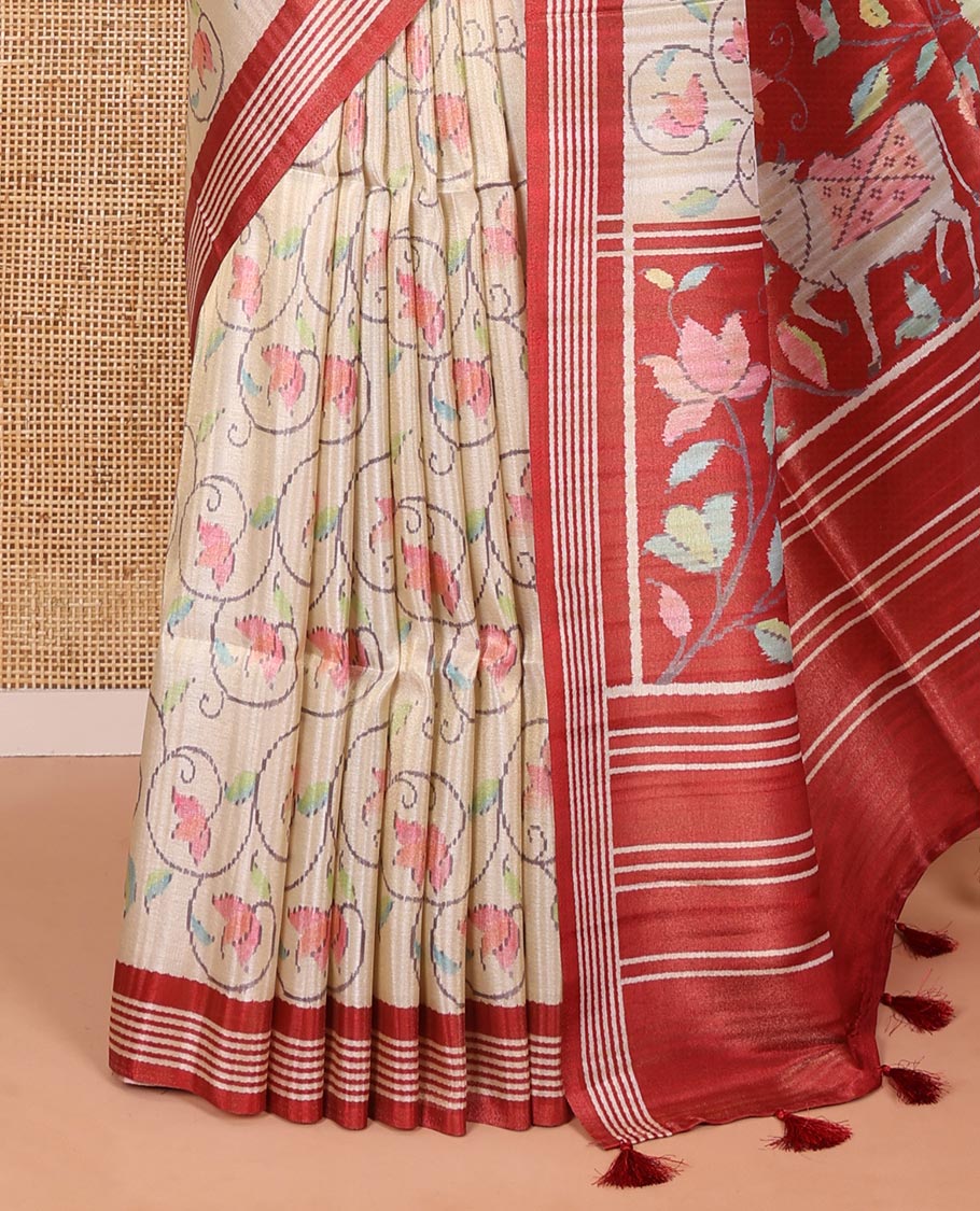 Chikku-red floral vine printed tissue patola saree, contrast striped border, pallu of floral and Pichwai cow motifs print, and a plain blouse