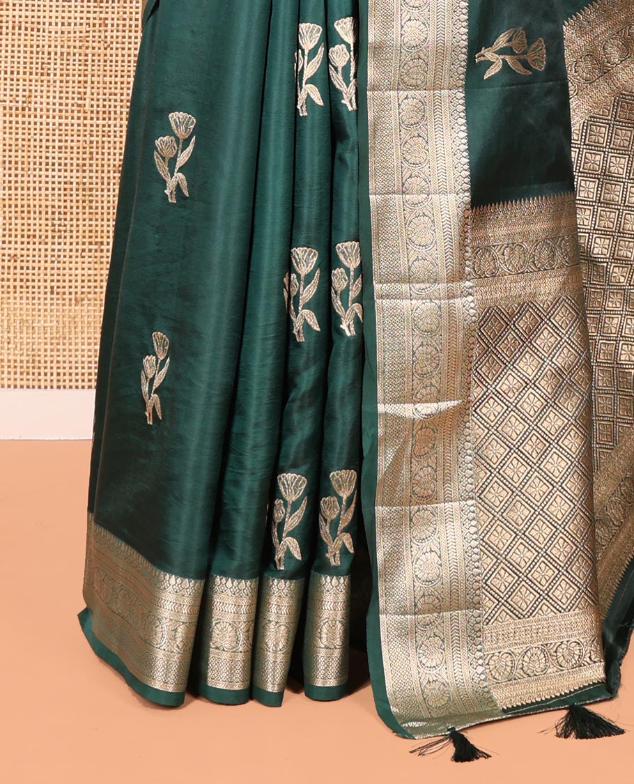 Bottle Green Semi-Banaras Satin Silk Saree, Beautified with Floral Zari Buttas Across Its Body, Highlighted by Traditional Zari Design Border, Grand Zari Woven Palu of Jaal Designs, and Paired with a Matching Blouse