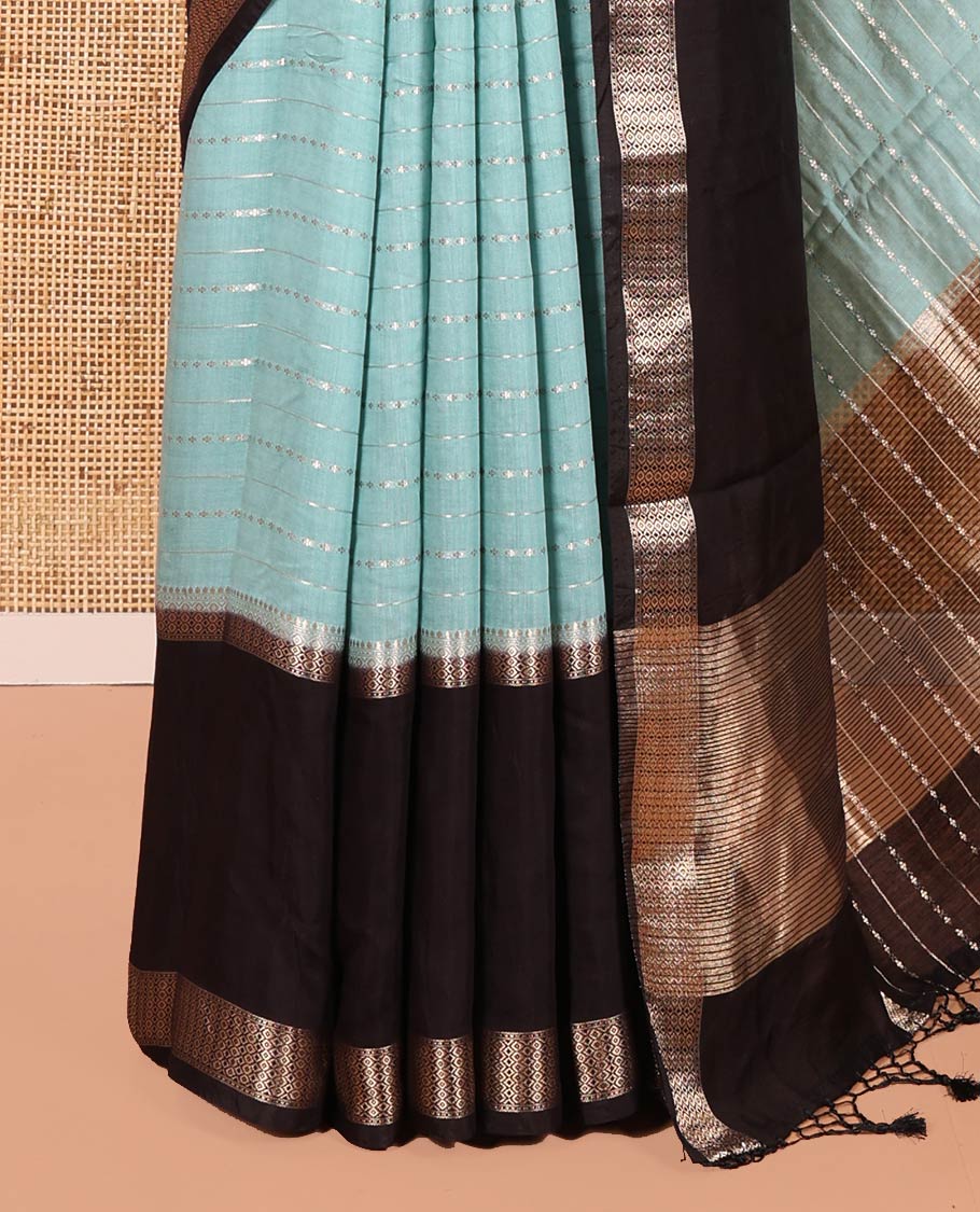 Blue Assam Silk Saree, Delicately Woven with Horizontal Zari Stripes All Over Its Body, Complemented by a Contrast Traditional Zari Design Rettai Pettu Border, Grand Zari Striped Pallu, and Paired with a Contrast Blouse