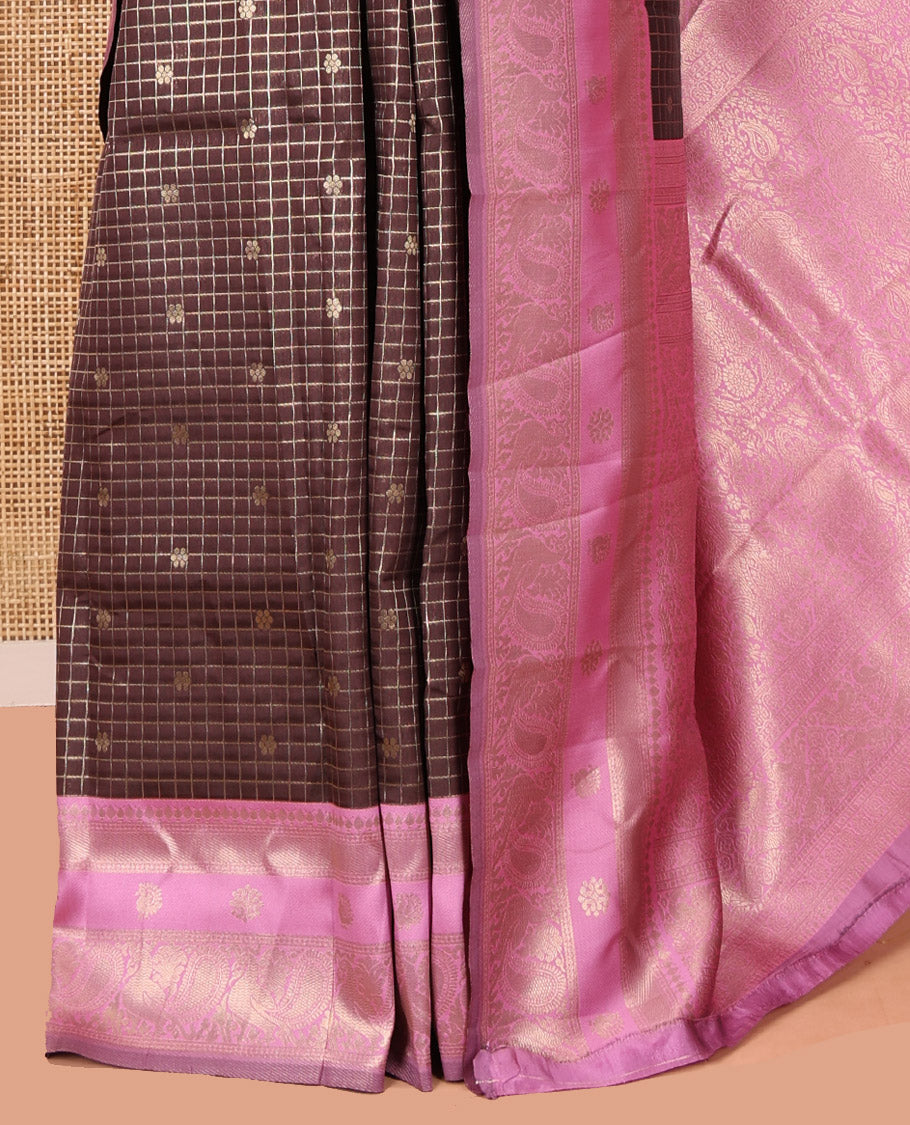 Coffee Brown Litchi Saree Features Buttas and Checks, Contrast Traditional Peacock Border, Intricate Pallu, and a Contrast Blouse