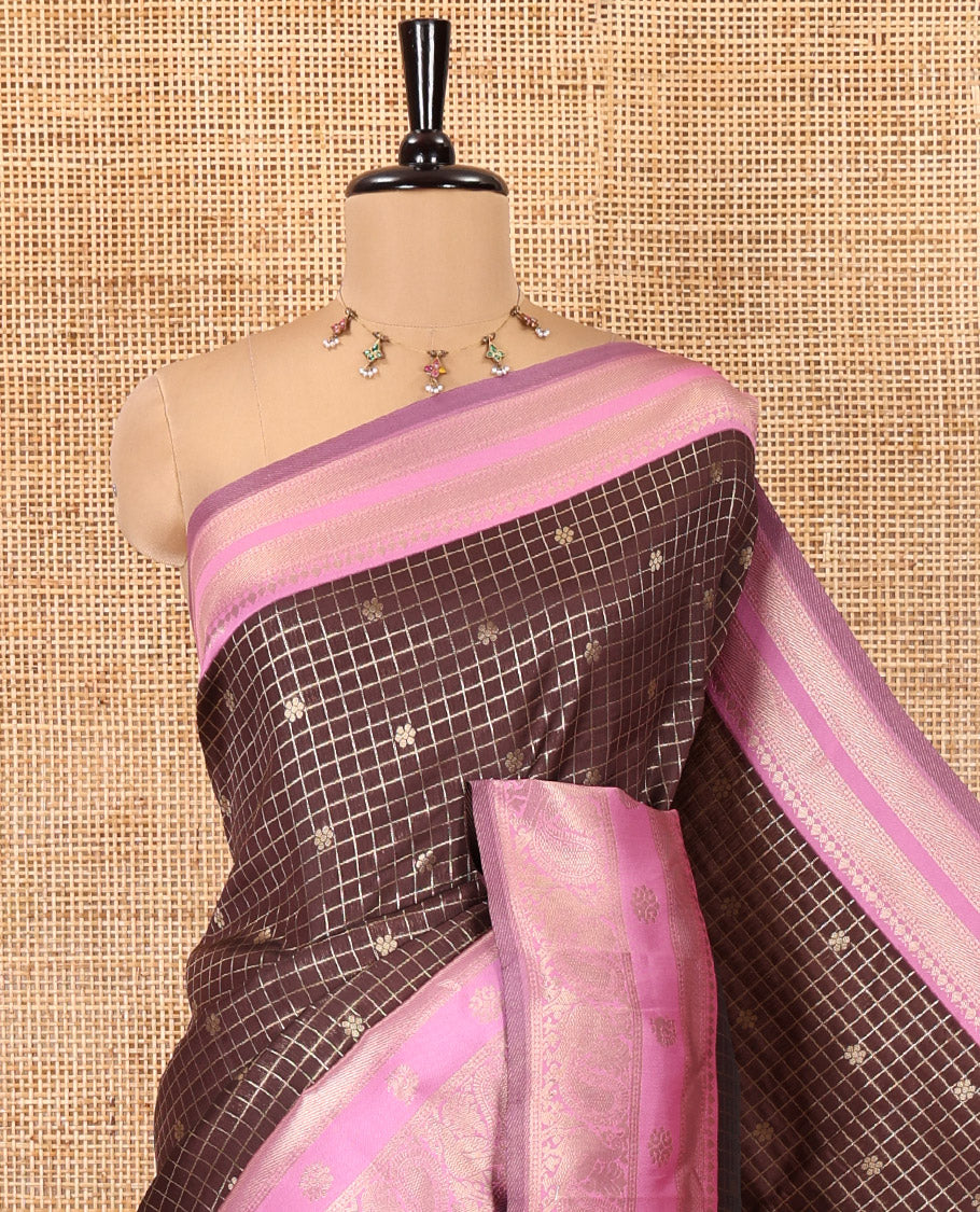 Coffee Brown Litchi Saree Features Buttas and Checks, Contrast Traditional Peacock Border, Intricate Pallu, and a Contrast Blouse